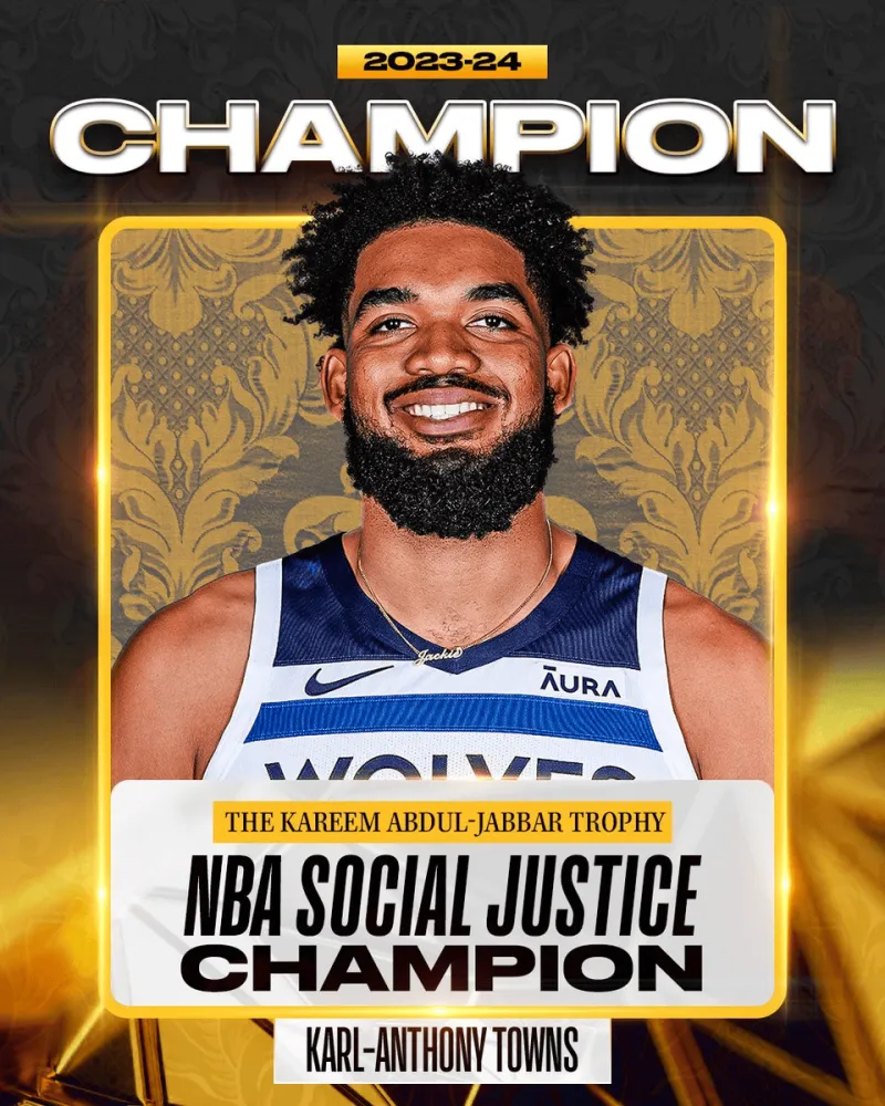 NBA官方：森林狼队球员唐斯荣获23-24赛季NBA社会正义奖